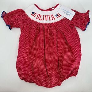 NWT America USA Flag Baby Smocked Bubble Romper Custom Name “Olivia”